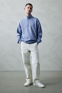 <b>Men's</b> Loose Fit <b>Zip</b>-Top Sweatshirt Cotton Polyester Light Blue Long Sleeve Stand-<b>Up</b> Collar Dropped Shoulder T-<b>shirt</b> for Winter - Product Image 5