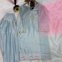 Traje de 3 Piezas TENNECY Silk Farshi Salwar Kameez, Cosido, Sin Arrugas, Elástico, Azul, Bordado, Estilo Fiesta, Boda, Diwali