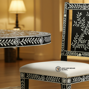 Silla de Comedor Artesanal con Incrustaciones de Hueso, Diseño Floral en Blanco y Negro, Silla de Madera Hecha a Mano de Lujo, Decorativa - Product Image 6