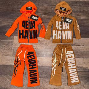 Ensemble de survêtement pour enfants personnalisé, en molleton à capuche, respirant, style streetwear, orange brun, sweat à capuche zippé et jogging, style hip hop, délavé - Product Image 1
