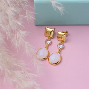 ควอตซ์ควันสีขาวรูปไข่หินสี่เหลี่ยมธรรมดา 22K ทอง BEZEL 925 เงินสเตอร์ลิงต่างหูสตั๊ด - Product Image 4