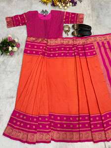 Sari de Seda Mysore Bicolor Naranja y Rosa, Largo hasta el Suelo, con Borde de Zari, Secado Rápido, Tradicional Indio, para Fiestas, para Mujer - Product Image 4