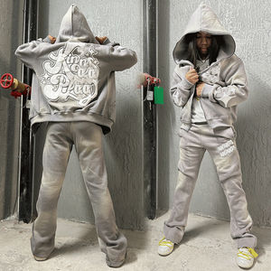 OEM 100% Custom Streetwear Puff Print Acid Wash Hoodies Stacked Flared Sweat Pants Chándal Zip up Hoodie - Product Image 5