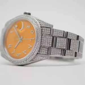 Montre Iced Out Lab Grown Diamond avec cadran orange Quartz Mouvement automatique Date Cadran Montre de luxe en acier inoxydable pour unisexe - Product Image 1