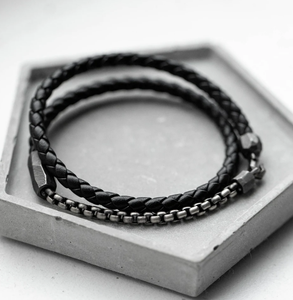 Pulsera de cuerda de cuero para hombre, cadena de caja redonda negra, pulsera de cuerda náutica oxidada de plata esterlina, pulsera de surfista - Product Image 2