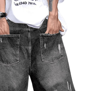 Mens <b>Black</b> Washed Denim <b>Shorts</b> Distressed Ripped Design Loose Fit Casual Streetwear 100% Cotton Woven Knee Length Summer Fashion - Product Image 5