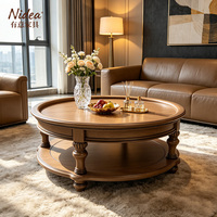 Mesa de Centro Redonda de Madera Maciza Tradicional, Mesa de Centro Clásica de 2 Niveles con Bandeja Superior y Patas Talladas, Muebles Vintage para Sala de Estar