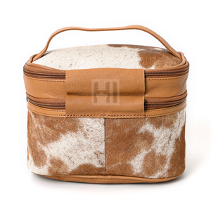 Trousse de maquillage de luxe en cuir de vachette avec poche personnalisée Étuis à cosmétiques portables faciles à transporter Fermeture à glissière de style vintage - Product Image 1