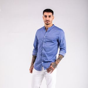 Camisa Ecológica Azul de Lino y Algodón para Hombre, Corte Slim, Casual, Transpirable, Antiarrugas, Cuello con Botones, Manga Larga, para Otoño - Product Image 1