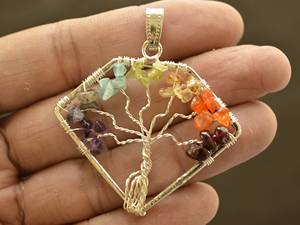 Naturel Sept Chakra Arbre de Vie Gemme Fil Enveloppé Argent Plaqué À La Main En Vrac Cabochon Pierre Pendentif Guérison Cristal Lot - Product Image 3
