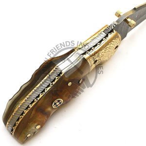 มีดพับเหล็กดามัสกัสแบบกำหนดเองมีดพับมือสลักด้วยมือด้ามจับฮอร์น - Product Image 4