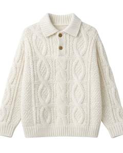 Manufacturer Customized Mens White Wool <b>Cable</b> <b>Knit</b> Polo <b>Sweater</b> Long Sleeve Button Neck Winter Warm Classic Pullover For Men - Product Image 1