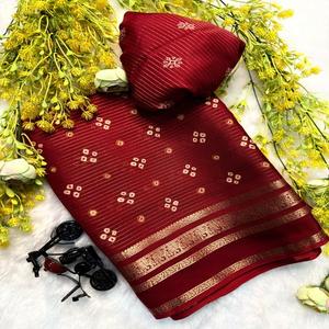 Nuevo Sari de Seda Crepé Suave y Pura para Mujer con Bordado Zari en Toda la Superficie, Ropa India en Existencia - Product Image 1