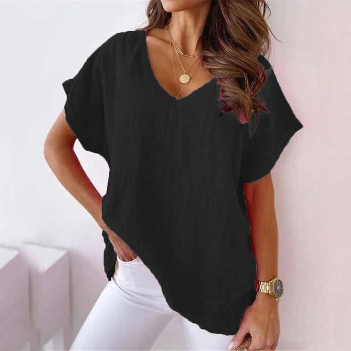Women's Summer White Performance Cotton V-Neck T-Shirt Solid Color Short Sleeve Light Loose Fit Long Length Printed Pattern