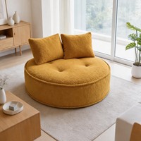 Fauteuil d'appoint moderne rond en bouclette jaune moutarde, capitonné, avec coussins décoratifs pour salon et chambre à coucher