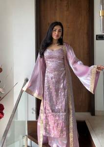 Conjunto de Salwar Kameez Anarkali de Seda con Borde Recto y Color Brillante, con Foto Real Adjunta / Kurti con Envío Gratuito a Todo el Mundo - Product Image 3