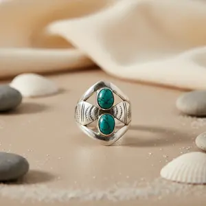 "Cluster <b>Statement</b> Boho Turquoise <b>Ring</b> in Rhodium Plated 925 Sterling <b>Silver</b>" - Product Image 1