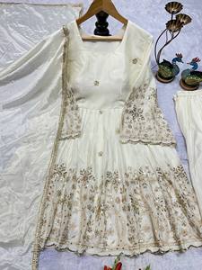 NEW DESIGNER REVERSER MODERN STYLE PARTY WEAR PALAZZO FANCY DUPPATA EMBROIDERY WORK HEAVY CHINON <b>SILK</b> for WEDDING DIWALI Zain - Product Image 6
