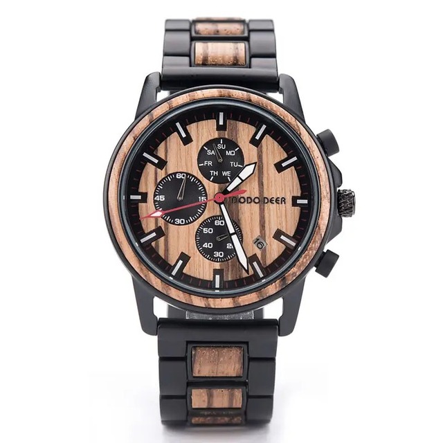 Luxury Men's Brown Wood Watch Chronograph Movement Custom Logo Engraved Quartz Movement Digital Dial Handmade UV Printing