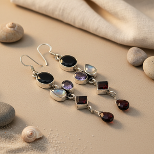 Boucles d'oreilles pendantes vintage en argent 925, multi-pierres précieuses, perle d'eau douce, diamant, design géométrique, pour les mariages et les fêtes des femmes - Product Image 2