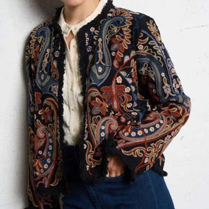 Chaqueta de Cuello Redondo con Bordado Paisley de Cachemira, 100% Algodón, Transpirable, Ecológica, Antiarrugas, para Primavera, Otoño e Invierno - Product Image 1