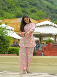 Conjunto de Kurti y Shorts Rosa con Estampado Floral, Verano, Casual, Algodón, Largo hasta el Tobillo, Hecho a Medida, Personalizado, ODM - Product Image 6