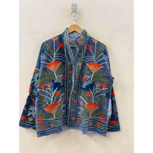 Autumn/Winter <b>Reversible</b> Quilted Suzani Embroidered Velvet <b>Jacket</b> in Indigo Blue Size XL with Custom Logo for Cozy Days - Product Image 4