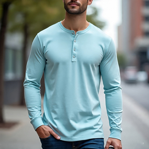 High Quality 100% Cotton <b>Men's</b> Full Sleeve Henley T-<b>Shirt</b> Custom Logo Printed Casual <b>Shirt</b> in 6XL Size - Product Image 1