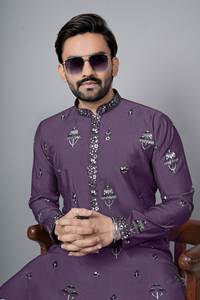 Royal Purple Chanderi <b>Silk</b> <b>Men's</b> Kurta <b>Pajama</b> Set with Embroidery - Product Image 3