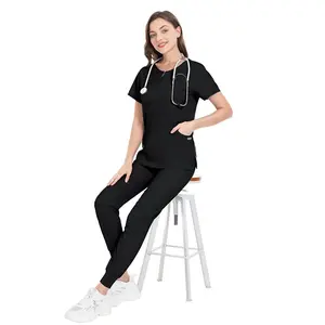 Bán Buôn Thời Trang Chà Phù Hợp Với Bệnh Viện Đồng Phục Thiết Lập Màu Rắn Unisex Phẫu Thuật Áo Choàng Túi V Cổ Tẩy Tế Bào Chết Thiết Lập Cho Phụ Nữ Chạy Bộ