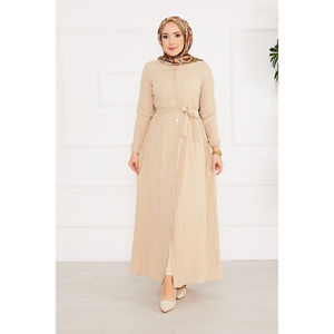 Robe beige jacquard boutonnée longueur genou, manches élastiquées, décoration diamant, taille XS, taille naturelle, légère, automne - Product Image 3