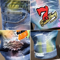 Jeans skinny droits déchirés et vieillis avec des éclaboussures de peinture personnalisées, pantalon vintage, jeans brodés et rapiécés pour hommes