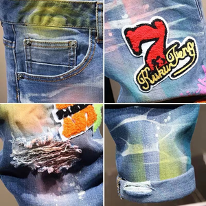 Jeans Ajustados Rectos Desgastados con Pintura Personalizada, Pantalones Vintage con Bordados y Parches para Hombre - Product Image 5