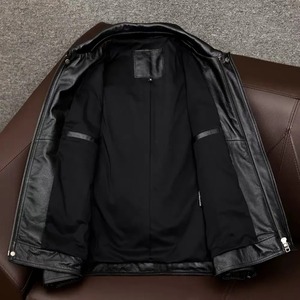 Wholesale Coated 100% Genuine <b>Cow</b> Skin Vintage Hooded Jacket Classic Casual Black Men's Stand Collar Front Logo Plus Size - Product Image 4