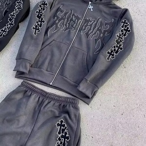 ชุดวอร์มซักลายกรดสำหรับผู้ชายผ้าคอตตอน100% พร้อมซิป & พลอยเทียมสำหรับพัฟพิมพ์ลายกรดออกแบบได้ตามต้องการสำหรับฤดูหนาว - Product Image 4