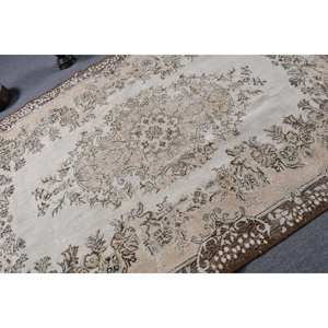 Alfombra Turca Vintage Clásica Beige Marrón 5,8X8,9 FT Hecho a Mano Lana Látex Respaldo Patchwork Diseño Rectángulo Tabriz para Cabecera - Product Image 5