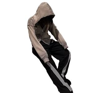 Sudadera con capucha lavada con ácido de rizo pesado 500GSM para hombre, doble cremallera, diamantes de imitación desgastados, bordado, nuevo estilo, sudaderas con cremallera - Product Image 6