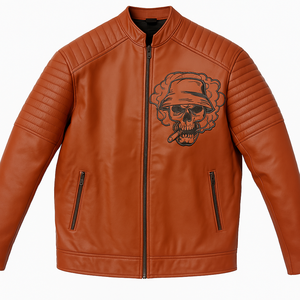 Chaqueta de motorista de cuero tostado con bordado de calavera y humo, ropa de calle para hombre, chaquetas personalizadas de moda directamente de fábrica 2025 - Product Image 3