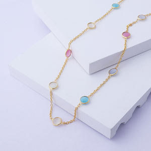 Délicat coloré multi oeil de chat forme ronde double couche station chaîne bijoux plaqué or lunette réglage câble chaîne collier - Product Image 1