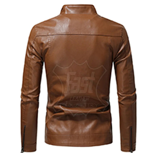 Men's <b>Brown</b> PU Leather Moto Jacket Stand Collar Zipper Closure Slim Fit Regular Sleeve Solid Color Autumn Wear - Product Image 1