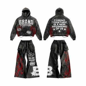 Conjunto Deportivo Unisex con Capucha y Pantalones Jogger Estilo Streetwear Desgastado con Lavado Ácido y Bordado, Sudadera con Logo DTG y Pantalones Acampanados - Product Image 1
