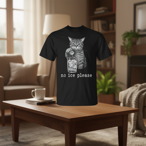 T-shirt promozionale con design grafico a tema gatto: No Ice Please Cat Against Ice - Product Image 3