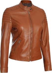 TESSUTO Women's Quilted Genuine Leather Motorcycle Jacket-Trendy Vintage Style <b>Waterproof</b> Breathable Eco-Friendly Nylon Lining - Product Image 4