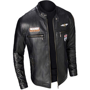 2024 chaqueta de cuero genuino con logotipo personalizado para hombre, chaquetas de cuero de motorista de moda de Primavera de retazos ajustadas de manga larga - Product Image 4