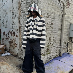 OEM personalizado clásico a rayas de gran tamaño recortado ajuste doble capuchas cuatro mangas hombres impreso Streetwear Sudadera con capucha - Product Image 4