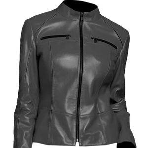Chaqueta de Motociclista de Piel de Cordero Suave, Ajustada, Estilo Café Racer, de Cuero Genuino Gris para Mujer, Forro de Algodón, Ecológica, Elegante e Informal - Product Image 1