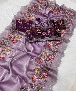 SAREE DE TRAVAIL EN JACQUARD DE SOIE LICHI LE PLUS COULÉ AVEC BLOUSE NON COUSÉE VÊTEMENT DE MARIAGE PRIX DE GROS VÊTEMENT ETHNIQUE - Product Image 2