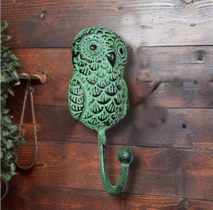 Chapeau manteau mural hibou en détresse vert menthe et porte-clés crochet en fonte de fer artisanal avec lumières pour entrée ou chambre à coucher - Product Image 2