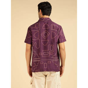 Amanush <b>Men's</b> Wine Nylon Geometric Print Shirt Casual Turn-down Collar Short Sleeve Summer Wear Breathable Fabric <b>Mens</b> Shirts - Product Image 3