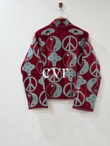 Red <b>Velvet</b> Embroidered Bomber <b>Jacket</b> With Peace Sign Pattern Stand Collar Full Sleeve Women's Autumn Outerwear - Product Image 3